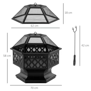 site soldes OUTSUNNY Brasero Hexagonal Pare-étincelles Avec Tisonnier Acier Noir 9